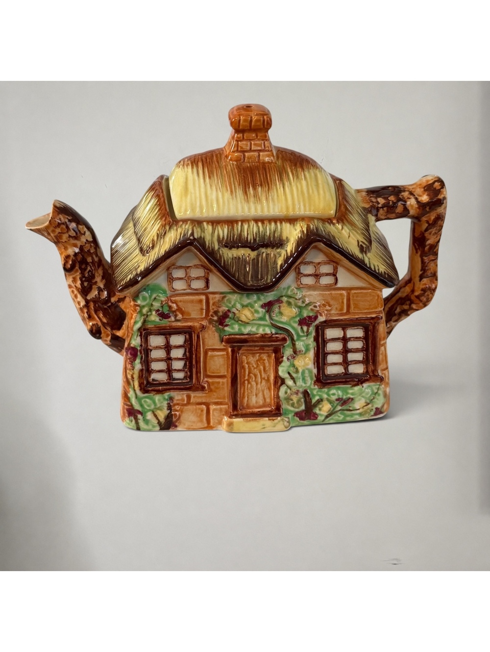 Vintage Cottage House Teapot Ceramic Thatched Roof Novelty Cottagecore Decor